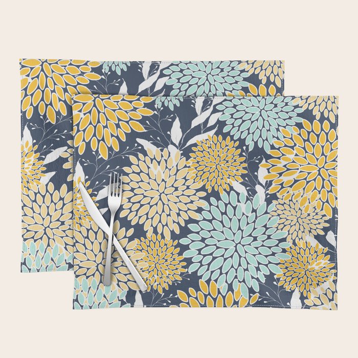 Floral Prints and Leaves, Navy Blue, Yellow, Aqua Placemat Gallery Image 1