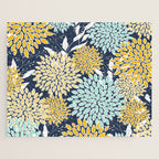 Floral Prints and Leaves, Navy Blue, Yellow, Aqua Jigsaw Puzzle Gallery Image 1