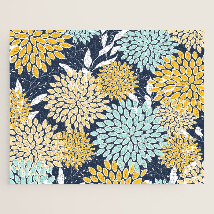 Floral Prints and Leaves, Navy Blue, Yellow, Aqua Jigsaw Puzzle Gallery Image 1