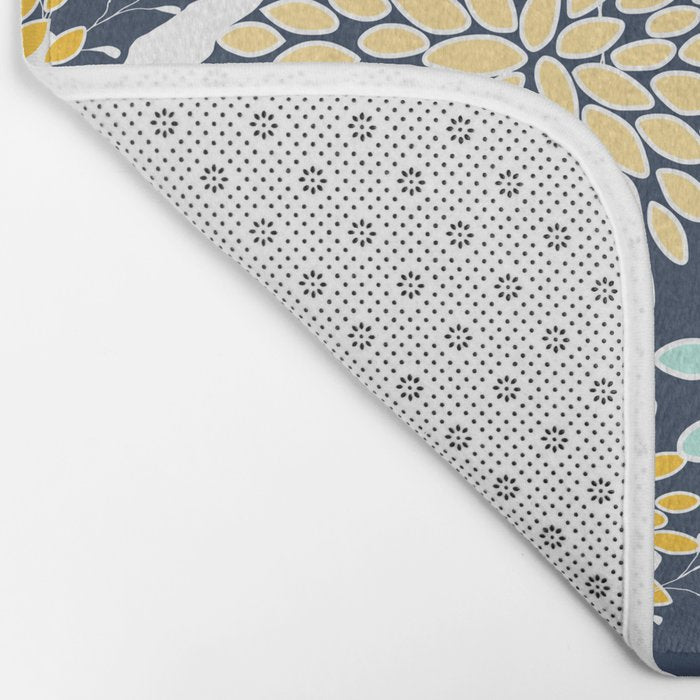 Floral Prints and Leaves, Navy Blue, Yellow, Aqua Bath Mat Gallery Image 2