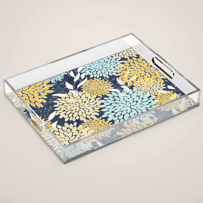 Floral Prints and Leaves, Navy Blue, Yellow, Aqua Acrylic Tray Gallery Image 1