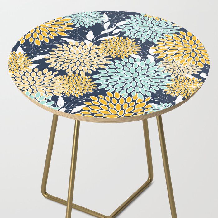 Floral Prints and Leaves, Navy Blue, Yellow, Aqua Side Table Gallery Image 2