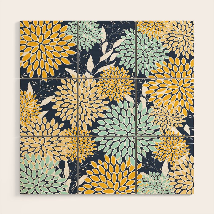 Floral Prints and Leaves, Navy Blue, Yellow, Aqua Wood Wall Art Gallery Image 1