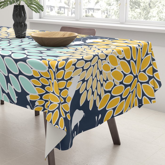 Floral Prints and Leaves, Navy Blue, Yellow, Aqua Tablecloth Gallery Image 3