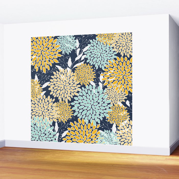 Floral Prints and Leaves, Navy Blue, Yellow, Aqua Wall Mural Gallery Image 2