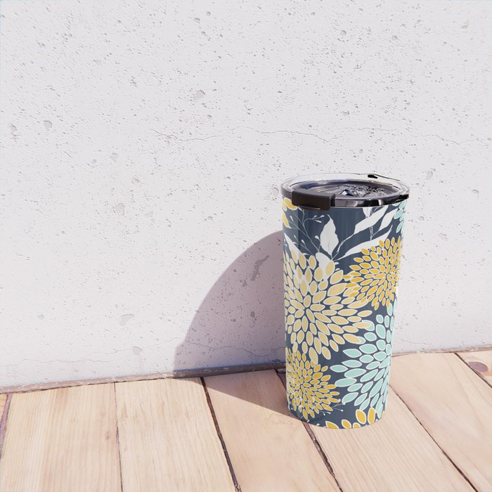 Floral Prints and Leaves, Navy Blue, Yellow, Aqua Travel Mug Gallery Image 4