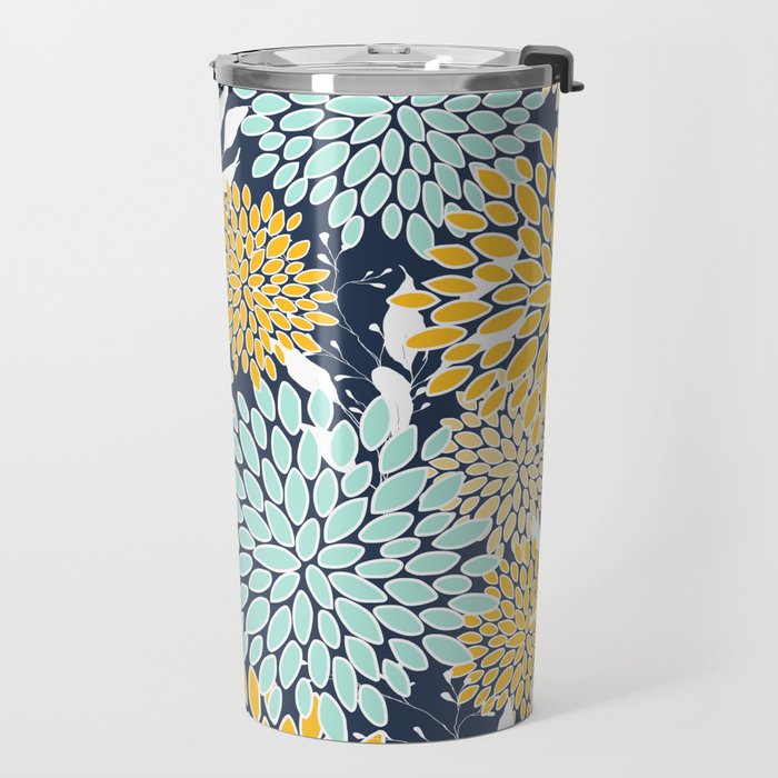 Floral Prints and Leaves, Navy Blue, Yellow, Aqua Travel Mug Gallery Image 2