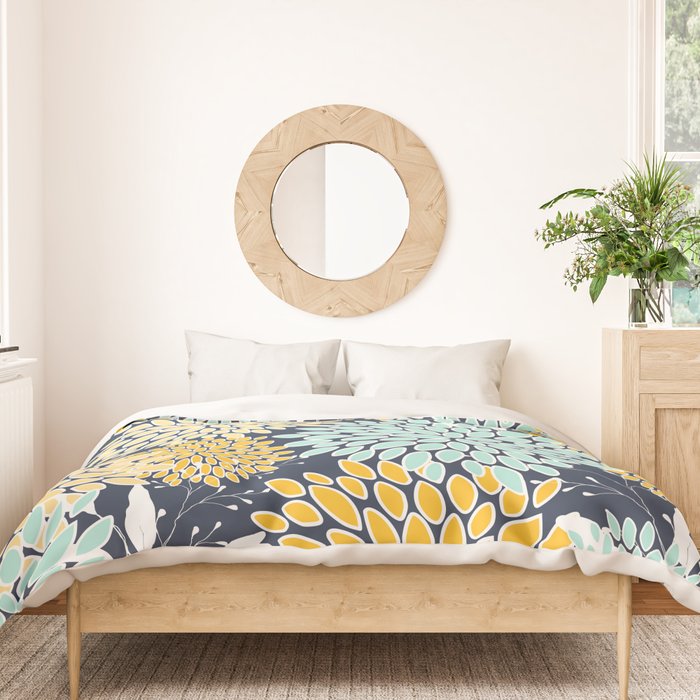 Floral Prints and Leaves, Navy Blue, Yellow, Aqua Duvet Cover Gallery Image 3