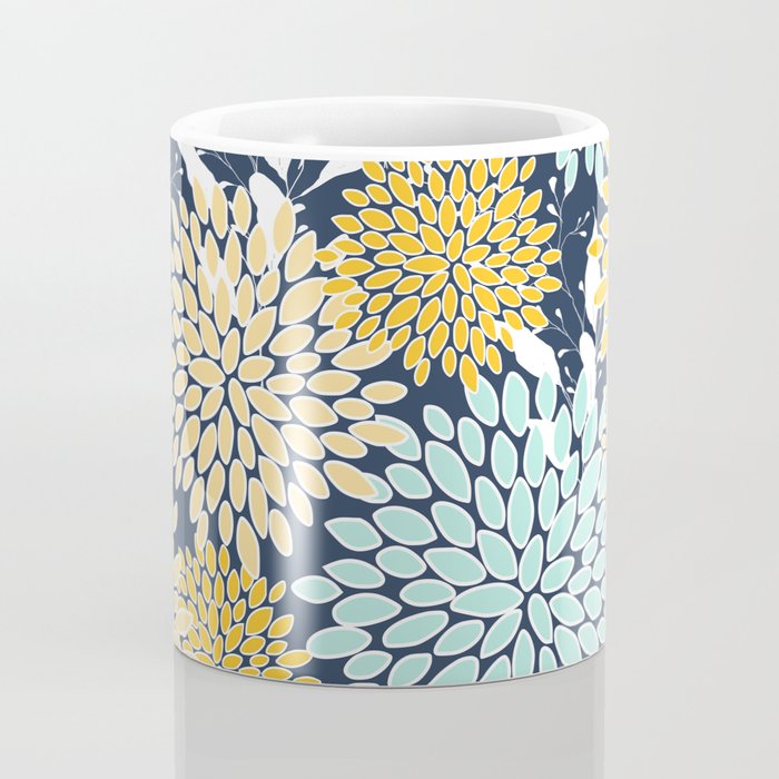 Floral Prints and Leaves, Navy Blue, Yellow, Aqua Coffee Mug Gallery Image 4