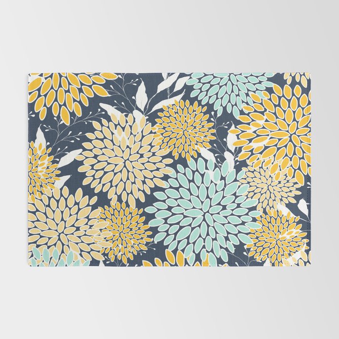 Floral Prints and Leaves, Navy Blue, Yellow, Aqua Rug Gallery Image 2