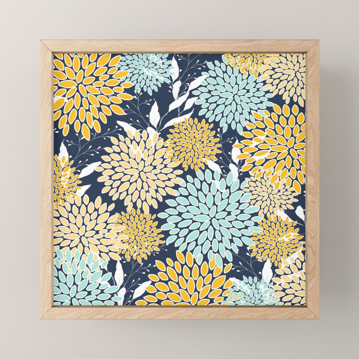Floral Prints and Leaves, Navy Blue, Yellow, Aqua Mini Art Print Gallery Image 1