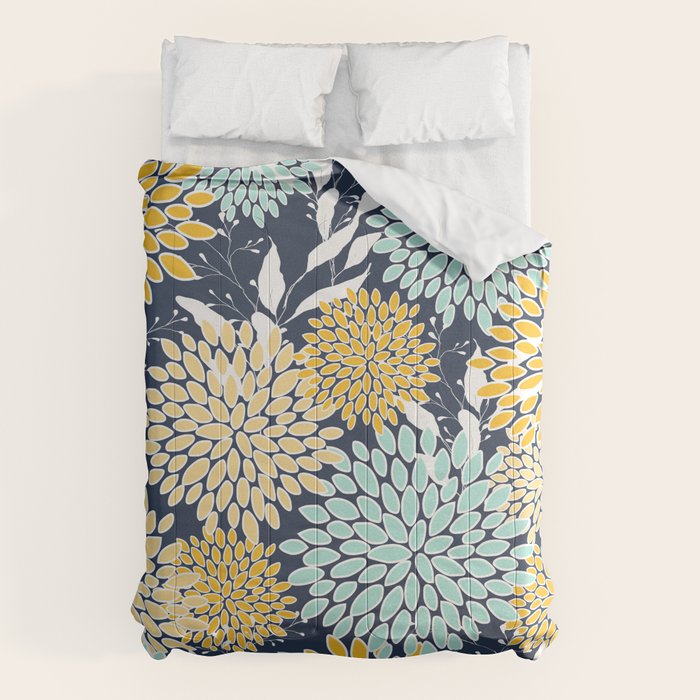 Floral Prints and Leaves, Navy Blue, Yellow, Aqua Comforter Gallery Image 6