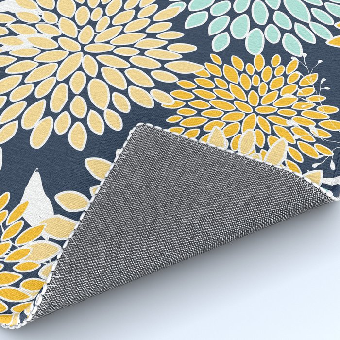 Floral Prints and Leaves, Navy Blue, Yellow, Aqua Rug Gallery Image 4