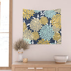Floral Prints and Leaves, Navy Blue, Yellow, Aqua Wall Tapestry Gallery Image 2