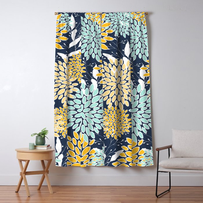 Floral Prints and Leaves, Navy Blue, Yellow, Aqua Window Curtain Gallery Image 5