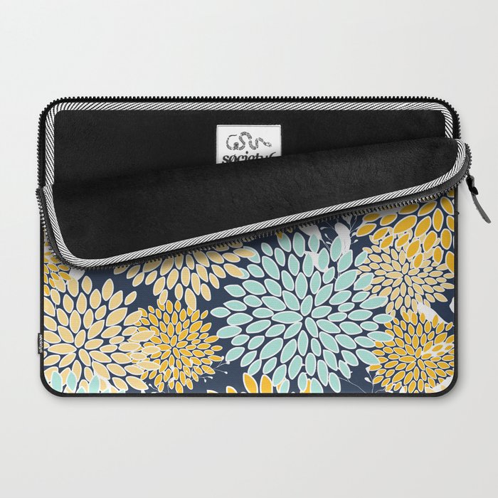 Floral Prints and Leaves, Navy Blue, Yellow, Aqua Laptop Sleeve Gallery Image 2