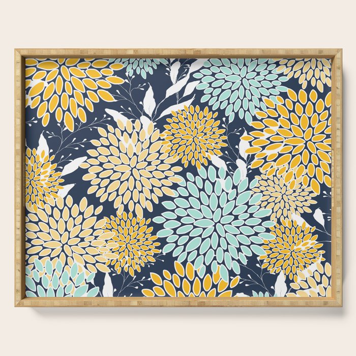 Floral Prints and Leaves, Navy Blue, Yellow, Aqua Serving Tray Gallery Image 1