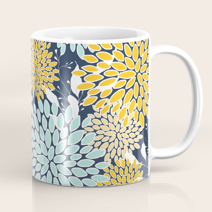 Floral Prints and Leaves, Navy Blue, Yellow, Aqua Coffee Mug Gallery Image 1