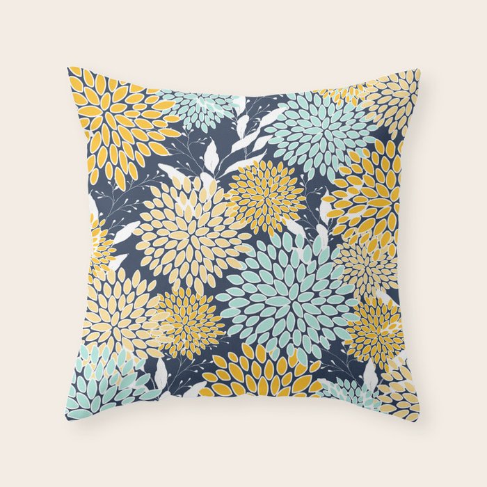 Floral Prints and Leaves, Navy Blue, Yellow, Aqua Throw Pillow Gallery Image 6