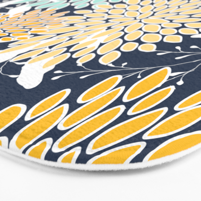 Floral Prints and Leaves, Navy Blue, Yellow, Aqua Bath Mat Gallery Image 3