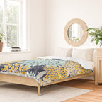 Floral Prints and Leaves, Navy Blue, Yellow, Aqua Duvet Cover Gallery Image 2