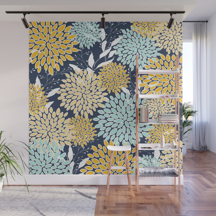 Floral Prints and Leaves, Navy Blue, Yellow, Aqua Wall Mural Gallery Image 1