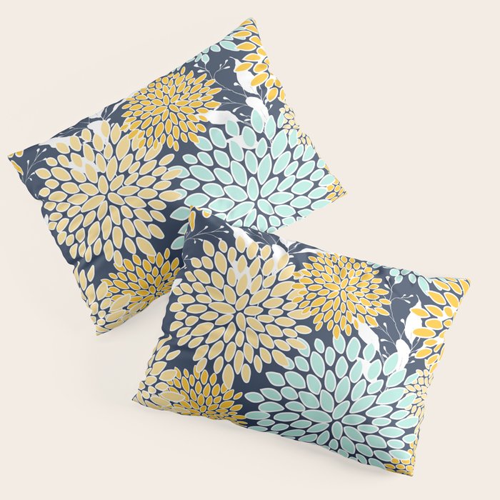 Floral Prints and Leaves, Navy Blue, Yellow, Aqua Pillow Sham Gallery Image 1