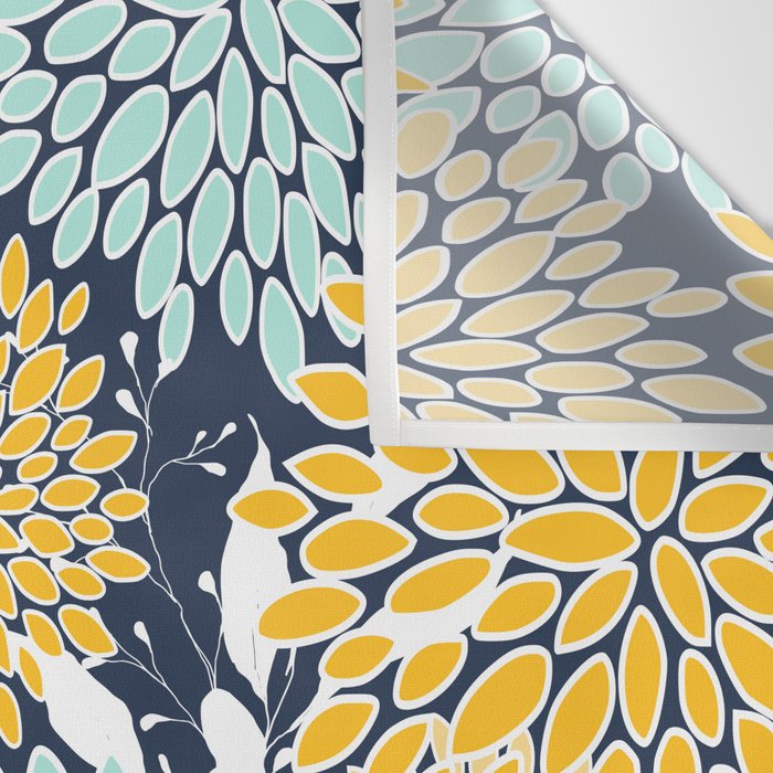 Floral Prints and Leaves, Navy Blue, Yellow, Aqua Wall Tapestry Gallery Image 3