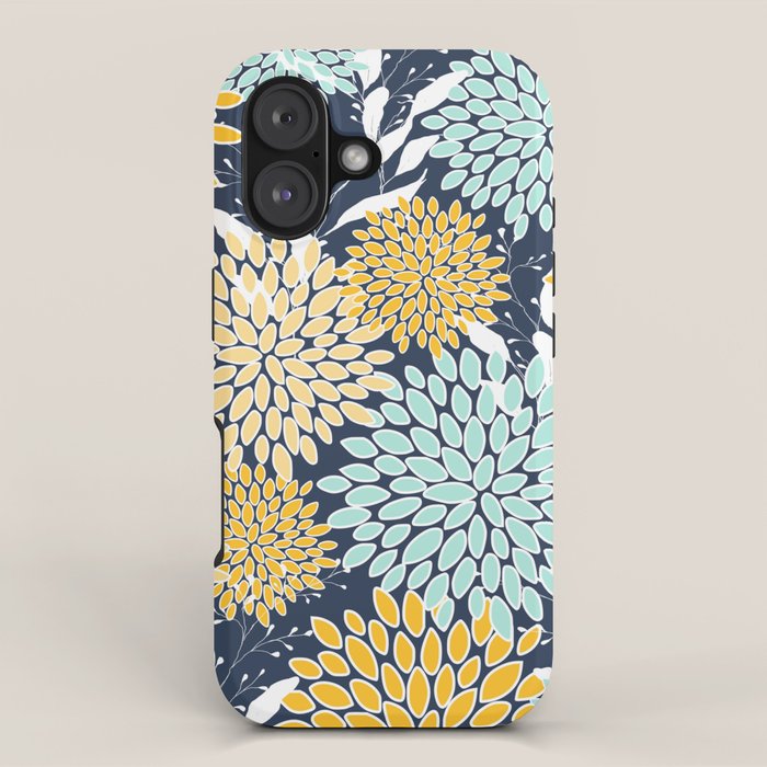 Floral Prints and Leaves, Navy Blue, Yellow, Aqua iPhone Case Gallery Image 1