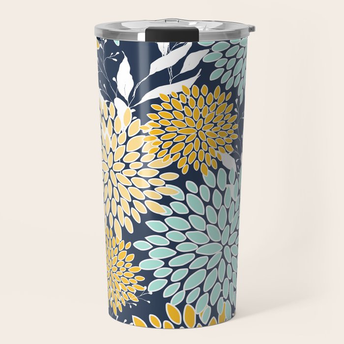 Floral Prints and Leaves, Navy Blue, Yellow, Aqua Travel Mug Gallery Image 1