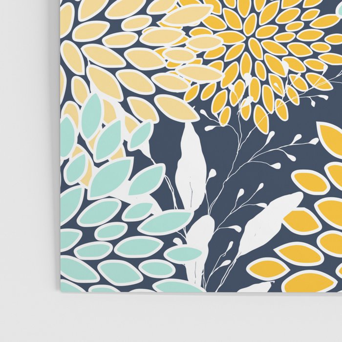 Floral Prints and Leaves, Navy Blue, Yellow, Aqua Poster Gallery Image 3