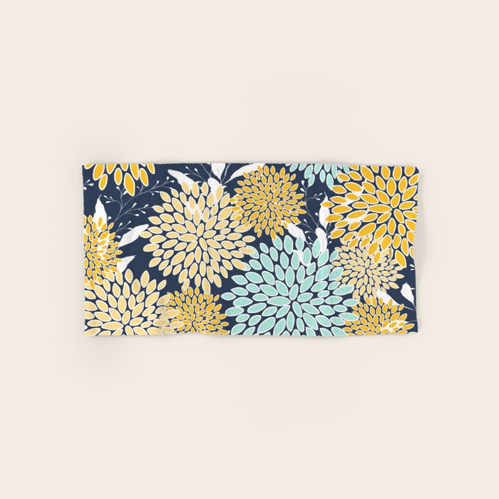 Floral Prints and Leaves, Navy Blue, Yellow, Aqua Bath Towel Gallery Image 1