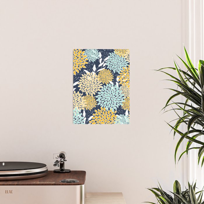 Floral Prints and Leaves, Navy Blue, Yellow, Aqua Poster Gallery Image 2