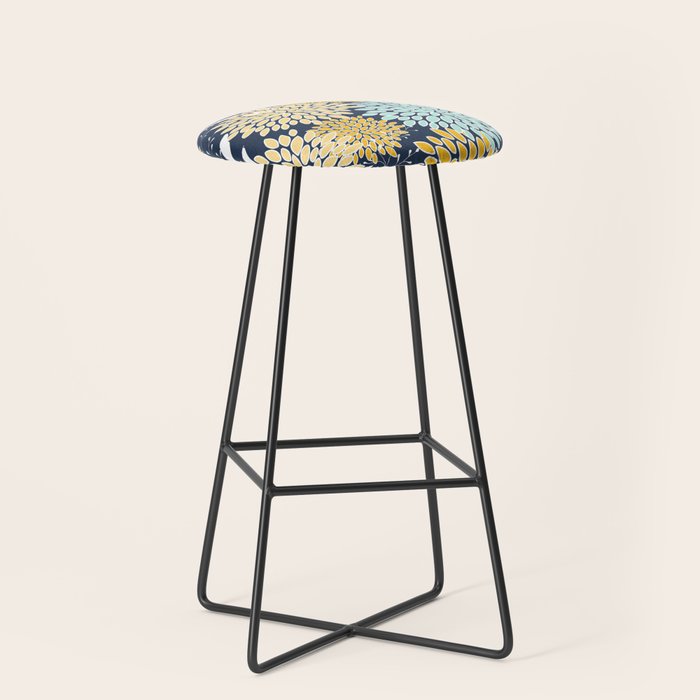 Floral Prints and Leaves, Navy Blue, Yellow, Aqua Stool Gallery Image 1