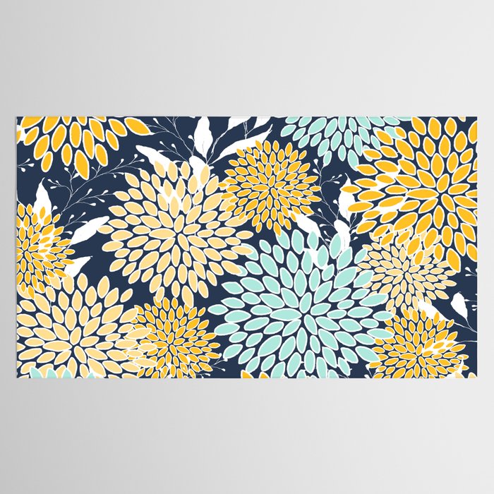 Floral Prints and Leaves, Navy Blue, Yellow, Aqua Tablecloth Gallery Image 2