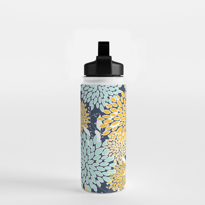 Floral Prints and Leaves, Navy Blue, Yellow, Aqua Water Bottle Gallery Image 2
