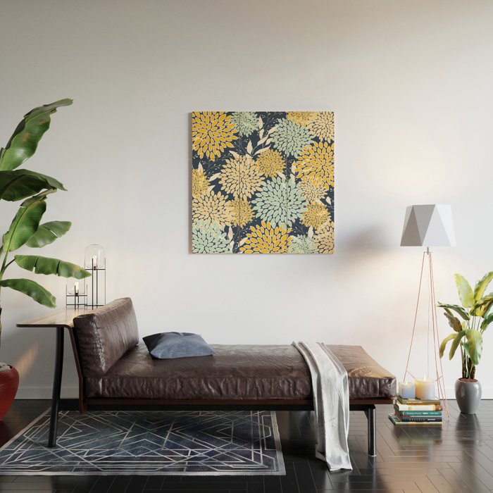 Floral Prints and Leaves, Navy Blue, Yellow, Aqua Wood Wall Art Gallery Image 2