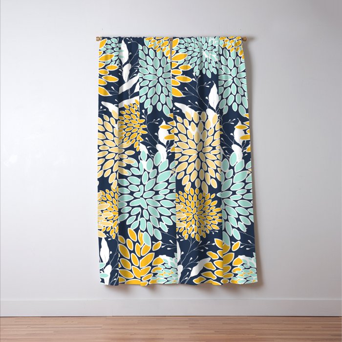 Floral Prints and Leaves, Navy Blue, Yellow, Aqua Window Curtain Gallery Image 3
