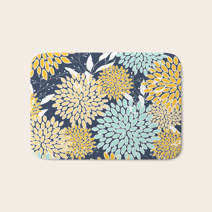 Floral Prints and Leaves, Navy Blue, Yellow, Aqua Bath Mat Gallery Image 1