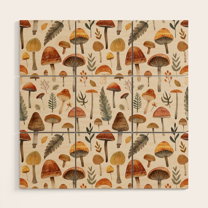 Autumn Mushrooms Forest Vintage Whimsy Watercolor Pattern Beige Wood Wall Art Gallery Image 1