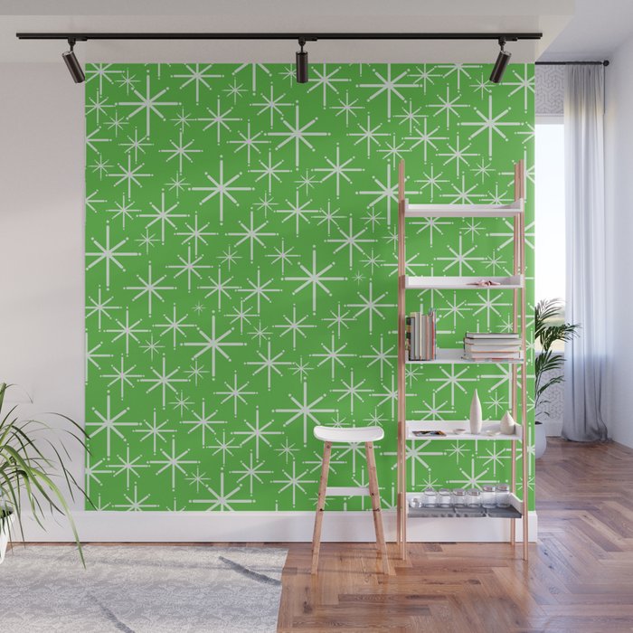 Lime Green Mid Century Modern Twinkling Stars Retro Atomic Pattern Wall Mural Gallery Image 1