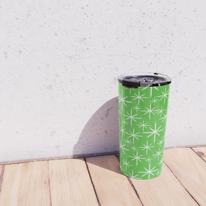 Lime Green Mid Century Modern Twinkling Stars Retro Atomic Pattern Travel Mug Gallery Image 4