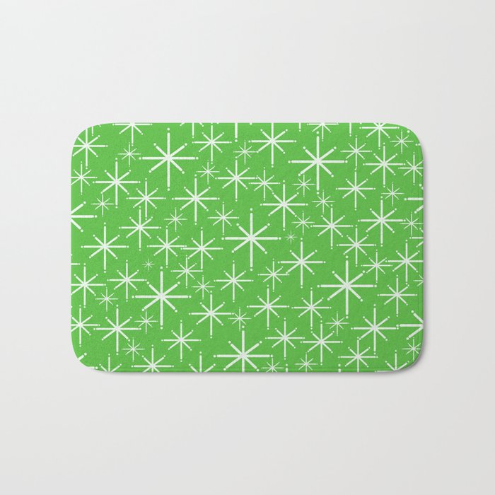 Lime Green Mid Century Modern Twinkling Stars Retro Atomic Pattern Bath Mat Gallery Image 1