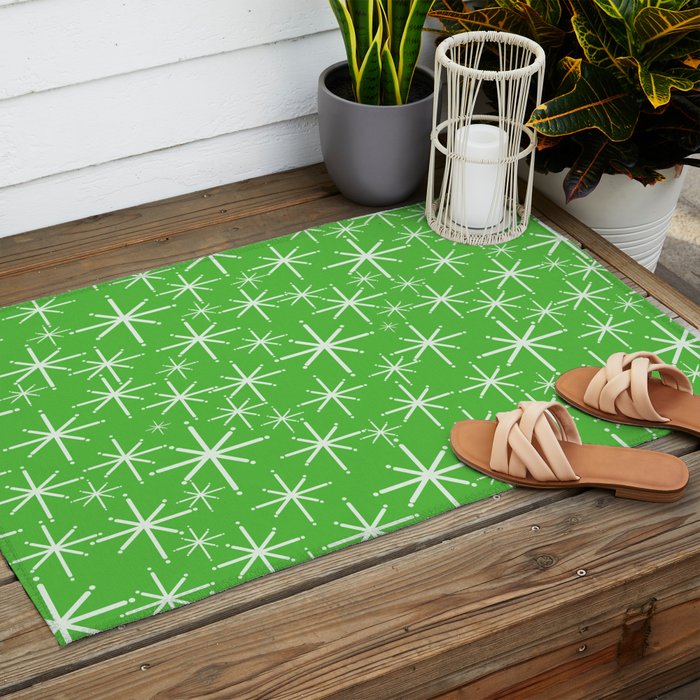 Lime Green Mid Century Modern Twinkling Stars Retro Atomic Pattern Outdoor Rug Gallery Image 2