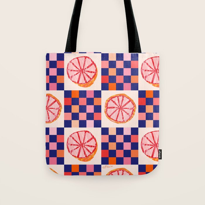 Checkered Sliced Citrus Fruit in Navy & Peachy Pink Tote Bag Gallery Image 1