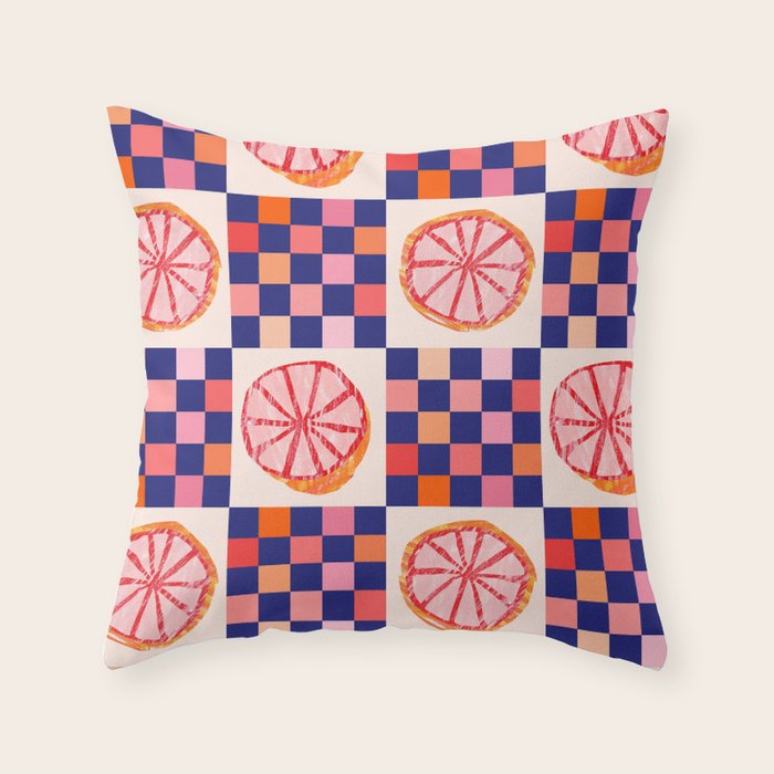 Checkered Sliced Citrus Fruit in Navy & Peachy Pink Throw Pillow Gallery Image 1