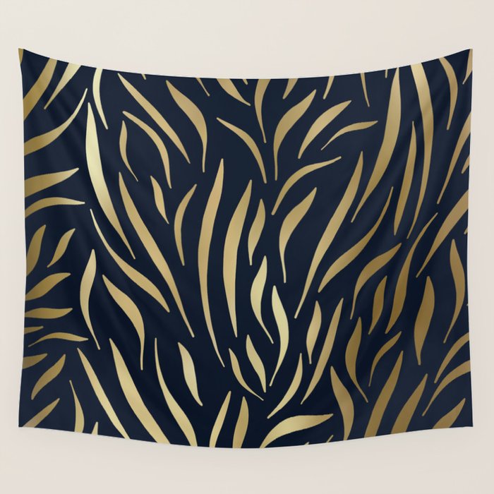 Navy and Gold Abstract Leaves Wall Tapestry Gallery Image 1