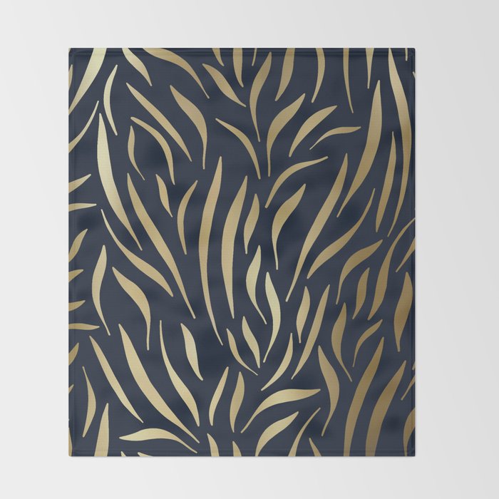 Navy and Gold Abstract Leaves Throw Blanket Gallery Image 2