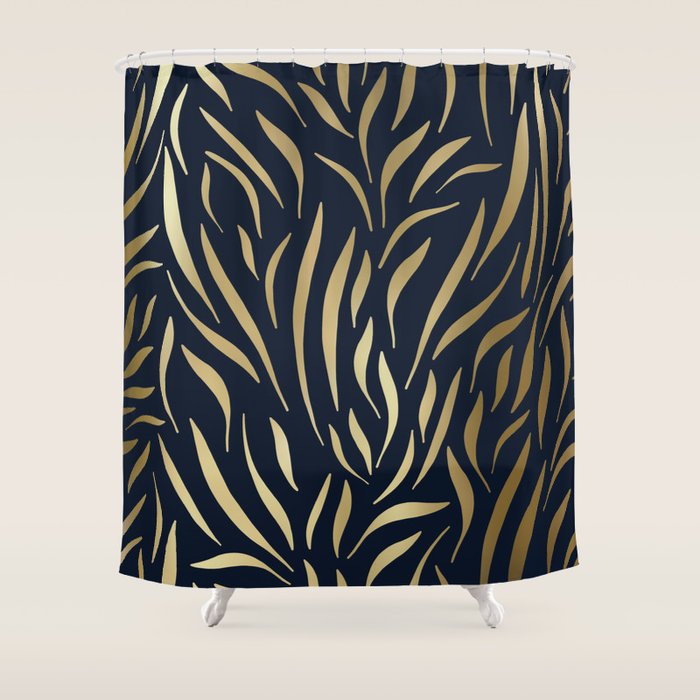 Navy and Gold Abstract Leaves Shower Curtain Gallery Image 1