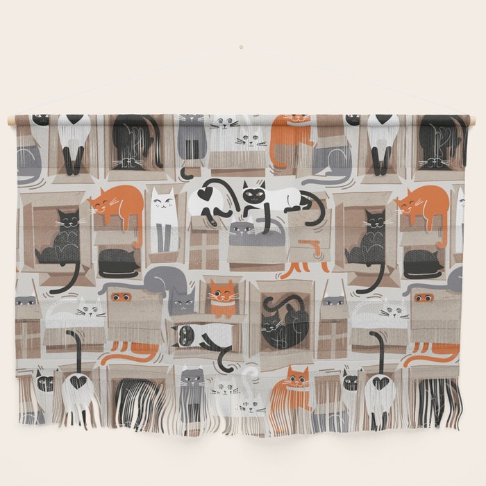 Purfect feline architecture // beige background cute cats in cardboard boxes Wall Hanging Gallery Image 1